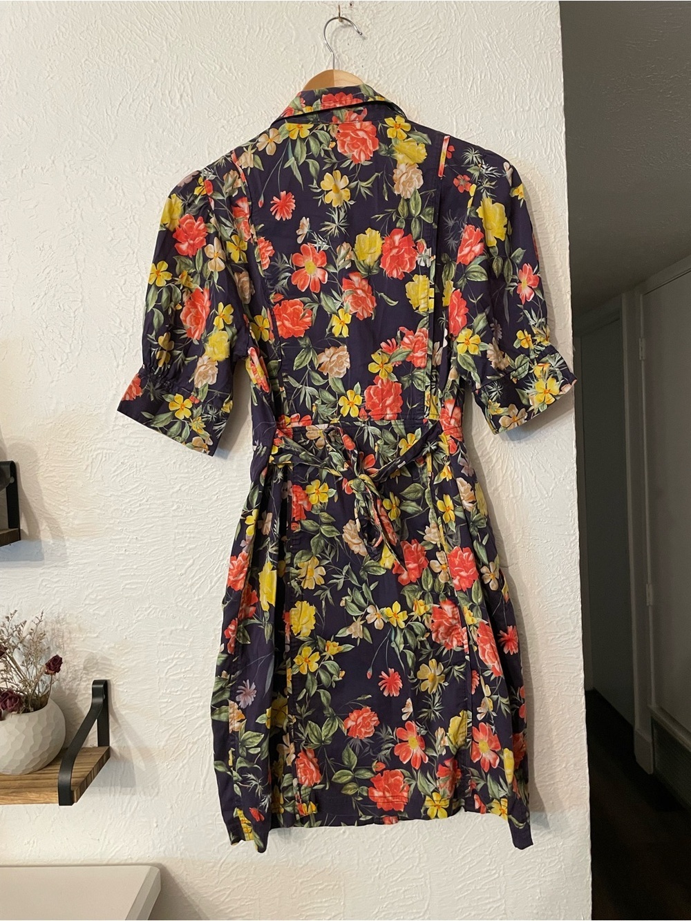 Marissa Webb Navy Tie-Waist Mini Multi Floral Printed Puff Sleeve Dress Size 10 - Picture 5 of 10